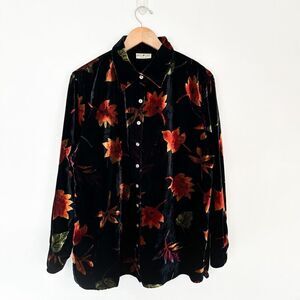 White Stag Vintage Women’s Velvet All Over Print Fall Leaves Novelty Collared Bu